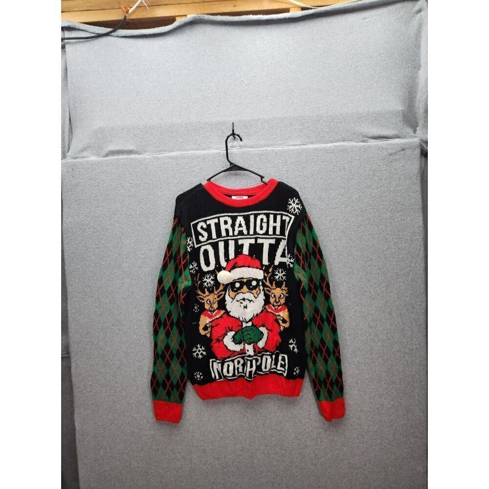 Holiday Time Straight Outta North Pole Christmas Sweater L 42-44 Black Red Green
